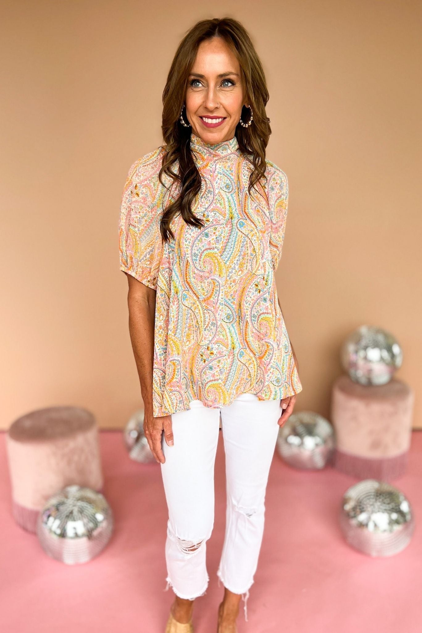 Load image into Gallery viewer, Orange Paisley Printed Mock Neck Puff Short Sleeve Top, puff sleeve, paisley print, neck tie, flowy fit, new arrival, shop style your senses by mallory fitzsimmons
