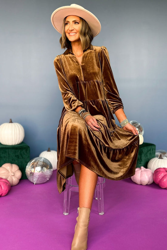 SSYS The Lillian Dress In Taupe Velvet, elevated style, elevated dress, velvet dress, SSYS the label, must have dress, must have style, fall fashion, fall style, fall dresss, mom style, shop style your senses by mallory fitzsimmons