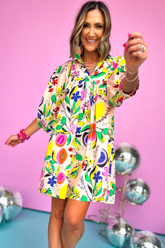 Load image into Gallery viewer, emily mccarthy floral printed split neck dress, unique piece, elevated quality, summer print, warmer weather must have, mom style, brunch plans, shop style your senses by mallory fitzsimmons
