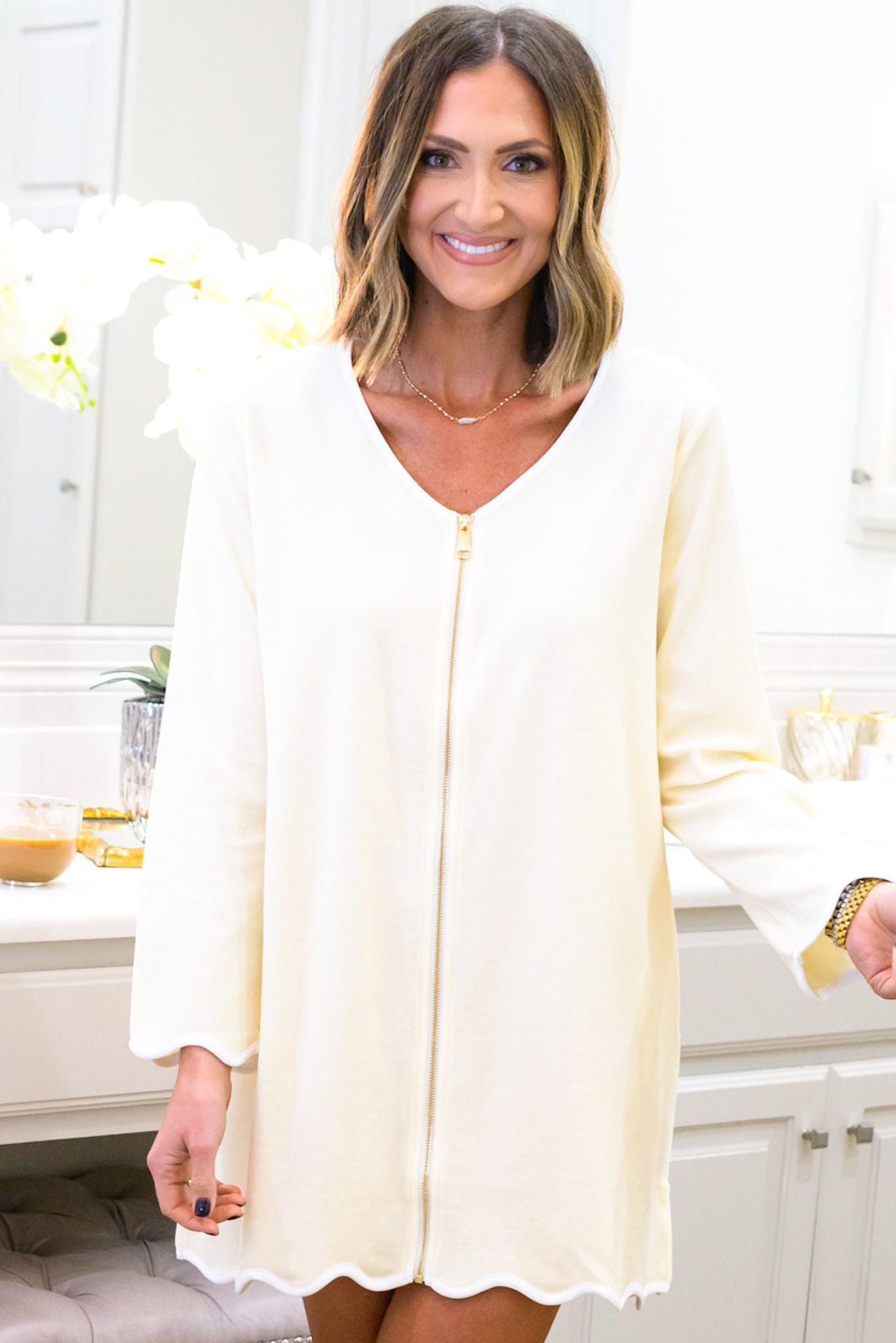 Load image into Gallery viewer, SSYS Ivory Long Sleeve Get Ready Robe™, SSYS the label, elevated robe, elevated get ready robe, must have robe, must have gift, elevated gift, mom style, elevated style, chic style, conventional style, shop style your senses by mallory fitzsimmons
