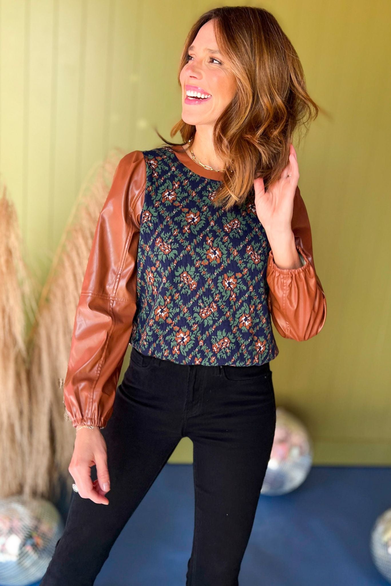 Camel Floral Printed Faux Leather Long Sleeve Top, must have top, must have style, must have fall, fall collection, fall fashion, elevated style, elevated top, mom style, fall style, shop style your senses by mallory fitzsimmons