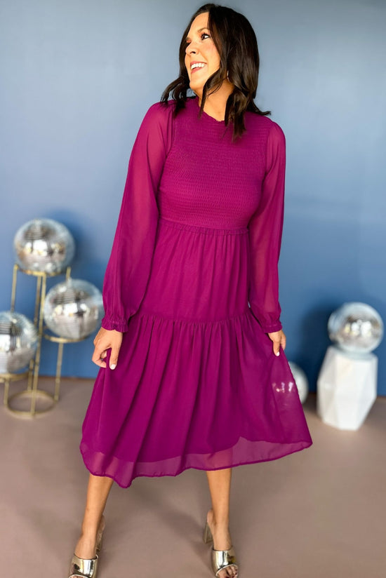 Magenta Smocked Bodice Tiered Long Sleeve Midi Dress, must have dress, must have fall, must have style, fall dress, fall style, elevated style, mom style, chic style, shop style your senses by mallory fitzsimmons