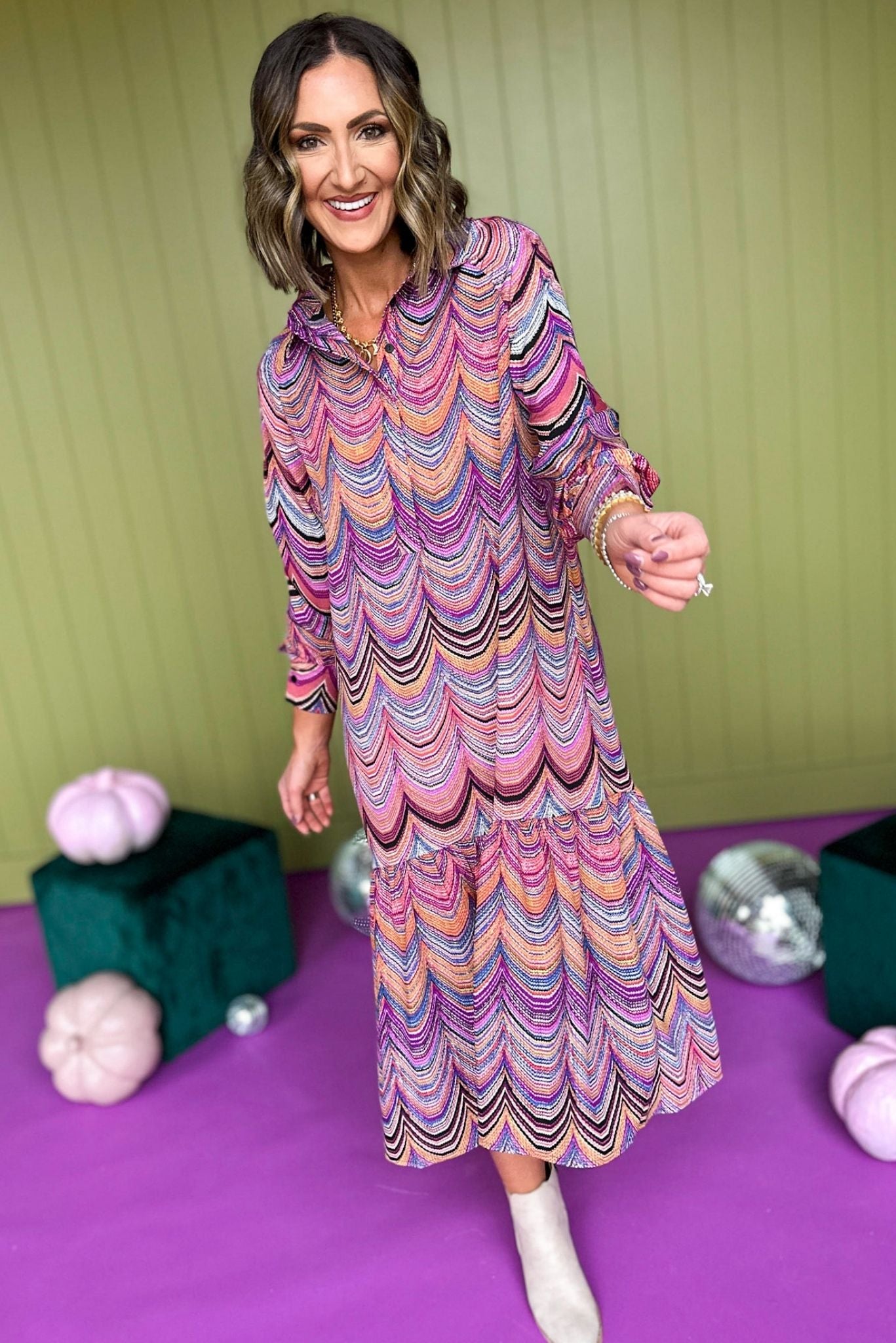 Load image into Gallery viewer,  Purple Chevron Printed Collared Long Sleeve Tiered Dress, must have dress, must have style, fall style, fall fashion, elevated style, elevated dress, mom style, fall collection, fall dress, shop style your senses by mallory fitzsimmons
