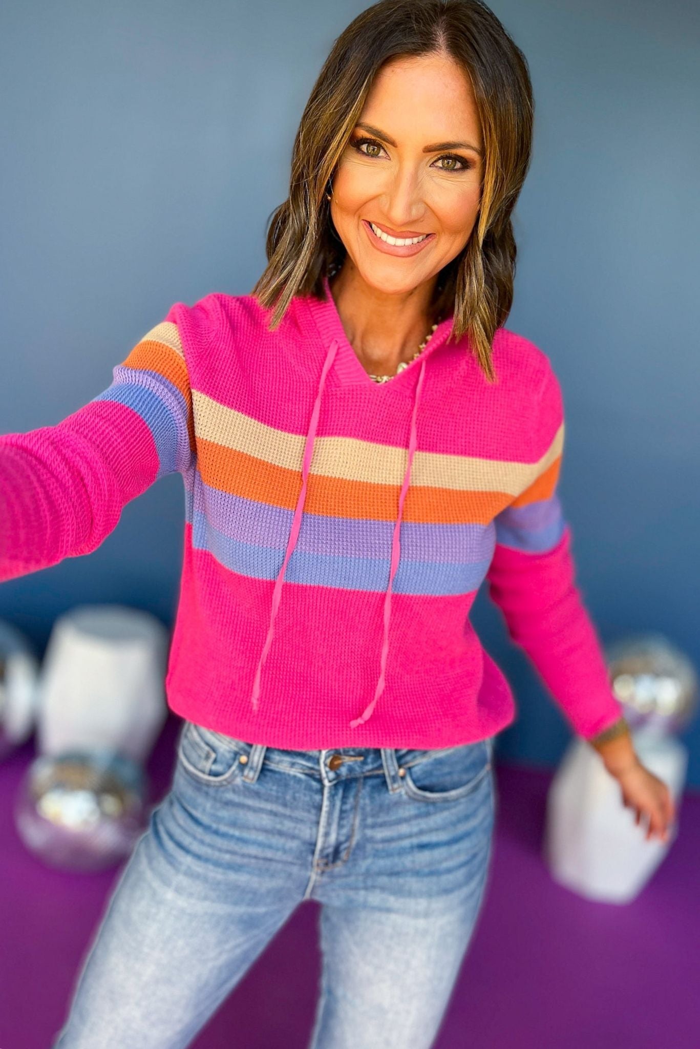 Load image into Gallery viewer, Fuchsia Multi Color Stripe Waffle Hooded Sweater, elevated sweater, elevated stye, must have sweater, must have style, printed sweater, fall sweater, fall fashion, mom style, shop style your senses by mallory fitzsimmons
