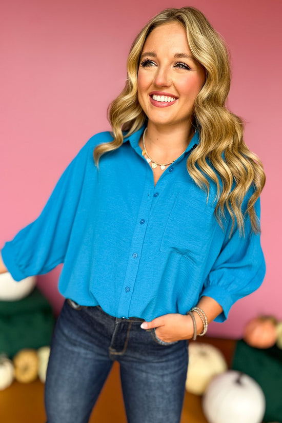 Load image into Gallery viewer, Blue Button Front Pocket Detail Dolman Sleeve Top, must have top, must have style, must have fall, fall collection, fall fashion, elevated style, elevated top, mom style, fall style, shop style your senses by mallory fitzsimmons
