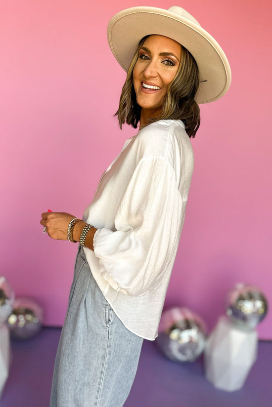 Load image into Gallery viewer, White Button Front Puffed Sleeve Top, puff sleeve top, white top, elevated style, mom style, work to weekend top, must have, staple piece, shop style your senses by mallory fitzsimmons
