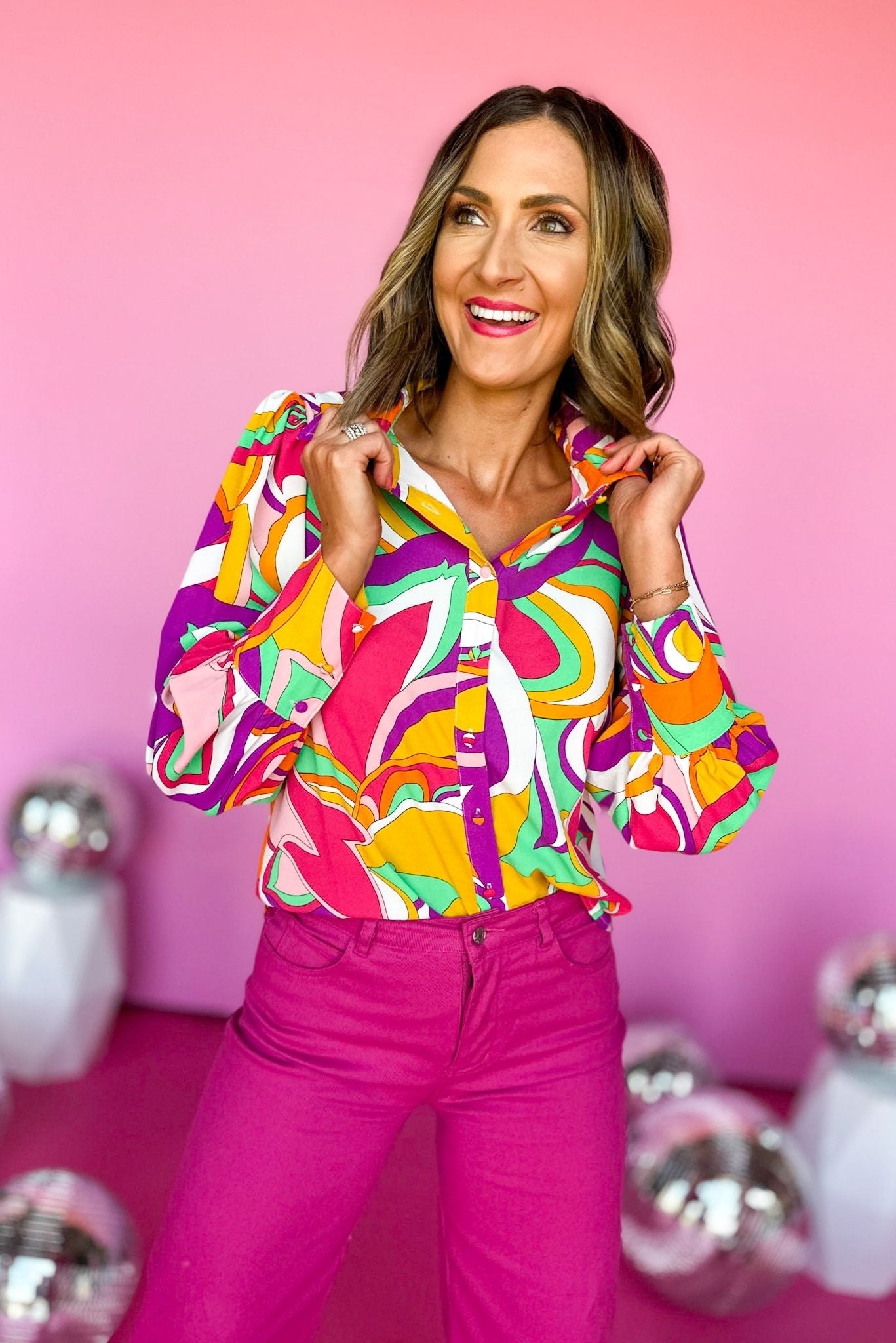  Fuchsia Abstract Printed Collared Button Down Top, button down top, elevated style, mom style, shop style your senses by mallory fitzsimmons