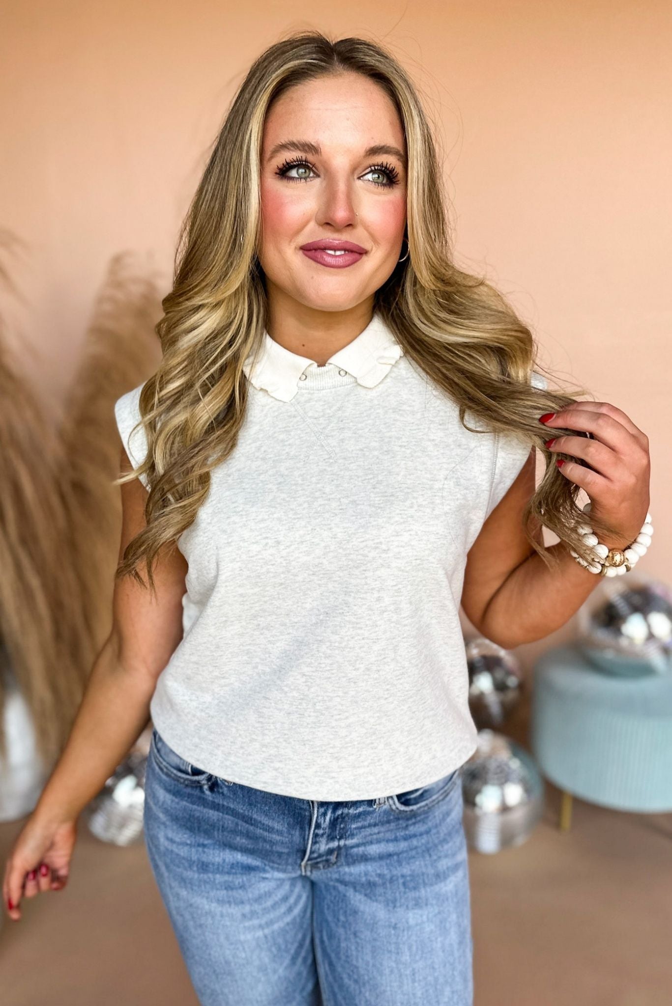 Load image into Gallery viewer,  Light Grey Ruffle Collared Terry Sleeveless Top, mom style, fall style, must have top, fall top, mom chic, elevated style, transitional top, shop style your senses by mallory fitzsimmons
