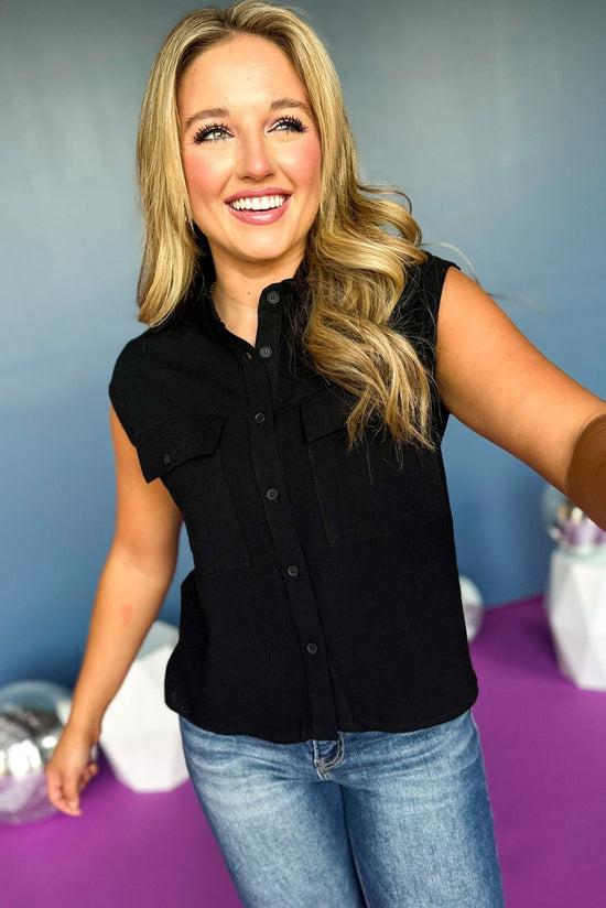 Black Sleeveless Front Pocket Detail Button Down Top, must have top, must have sleeveless top, elevated style, elevated top, button down top, mom style, fall style, shop style your senses by mallory fitzsimmons