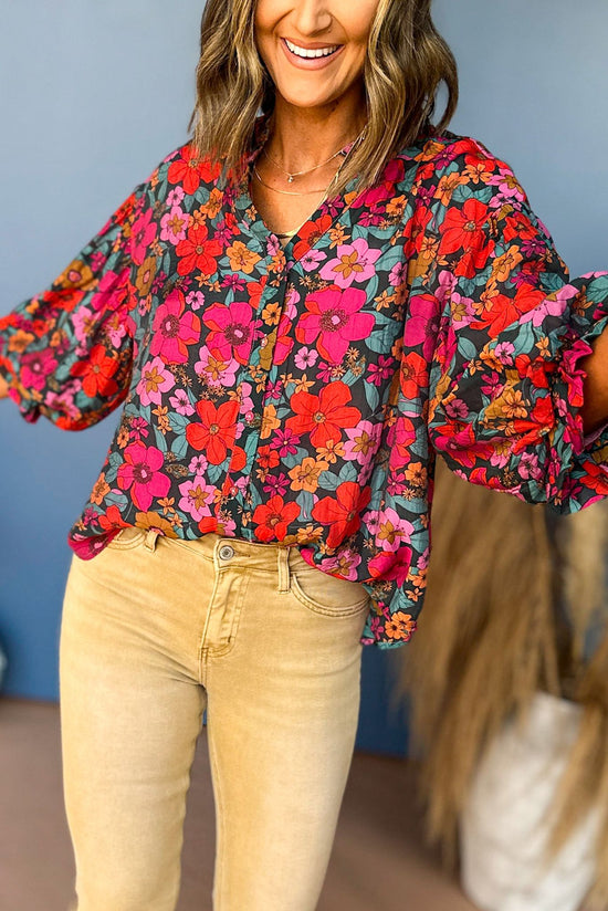 Load image into Gallery viewer, Integrated with Shopify Fuchsia Floral Printed Bubble Sleeve Top, elevated top, elevated style, must have top, must have print, fall style, fall top, floral top, must have style, mom style, shop style your senses by mallory fitzsimmons
