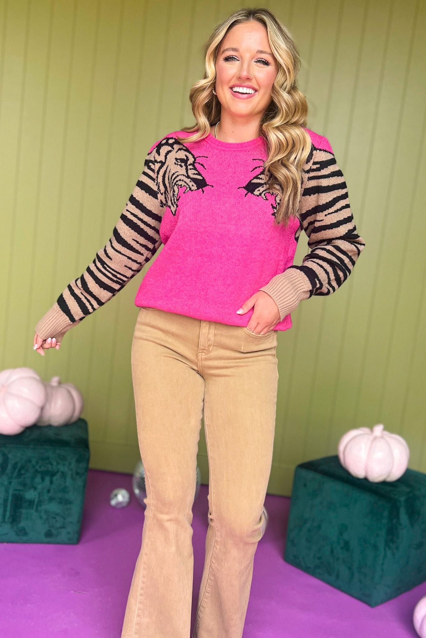 Fuchsia Tiger Printed Long Sleeve Sweater, must have sweater, must have style, must have fall, fall collection, fall fashion, elevated style, elevated sweater, mom style, fall style, shop style your senses by mallory fitzsimmons