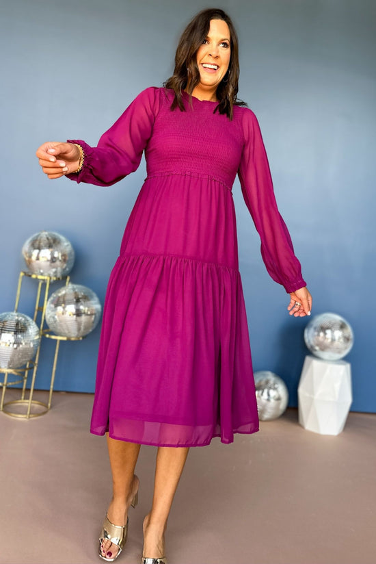 Magenta Smocked Bodice Tiered Long Sleeve Midi Dress, must have dress, must have fall, must have style, fall dress, fall style, elevated style, mom style, chic style, shop style your senses by mallory fitzsimmons