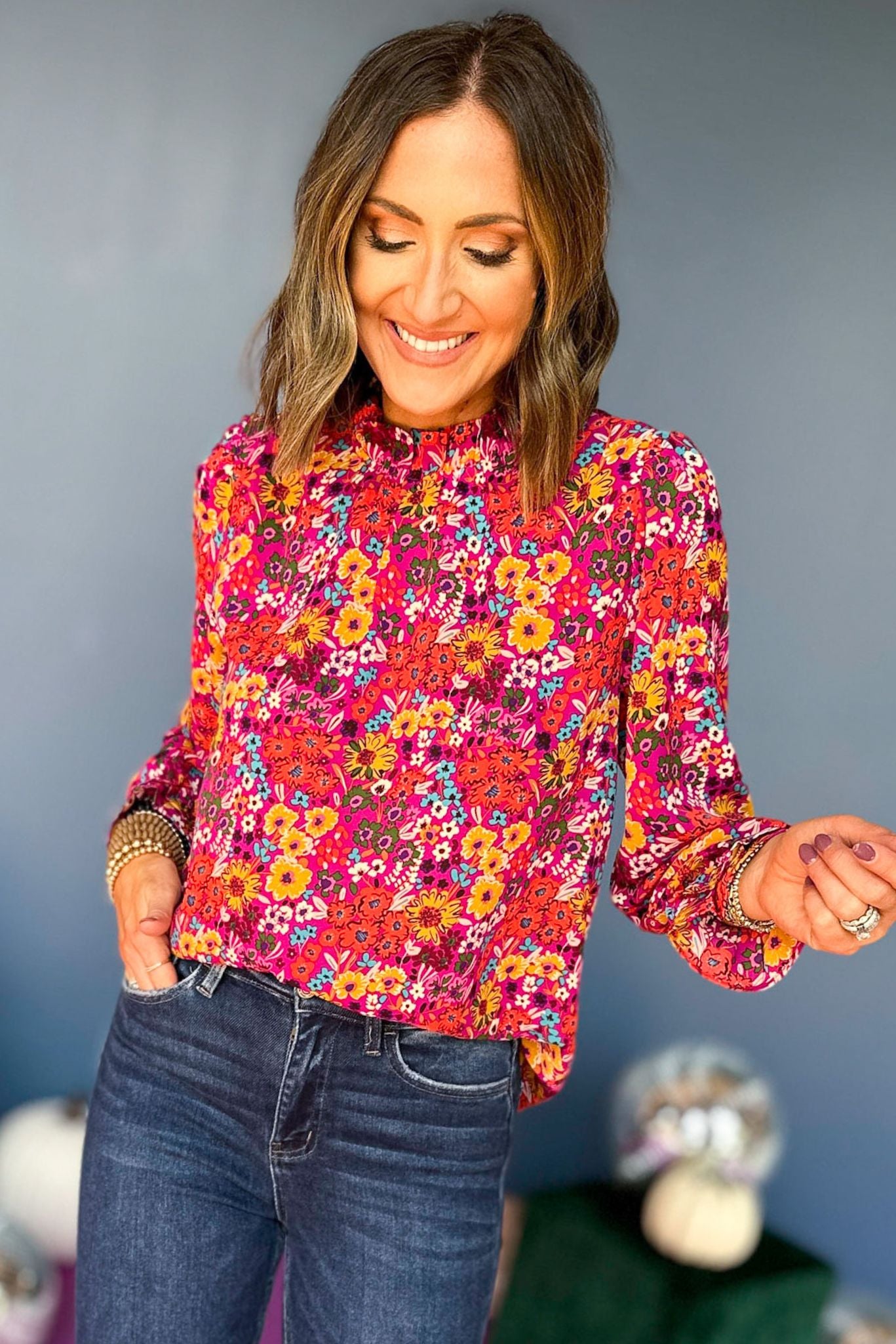 Magenta Floral Frill Neck Poet Sleeve Top, elevated style, elevated top, mom style, mom chic, floral top, must have top, must have style, must have print, fall fashion, fall style, shop style your senses by mallory fitzsimmons