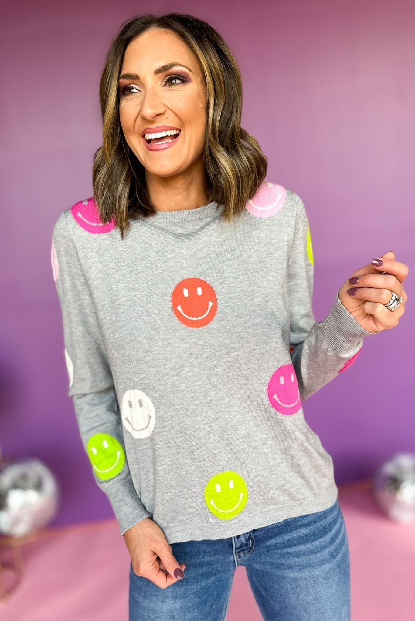 THML Grey Colorful Smiley Polka Dot Sweater, elevated style, elevated sweater, must have style, must have sweater, smiley sweater, smiley face, printed sweater, must have sweater, fall style, fall sweater, fun mom style, fun mom sweater, shop style your senses by mallory fitzsimmons