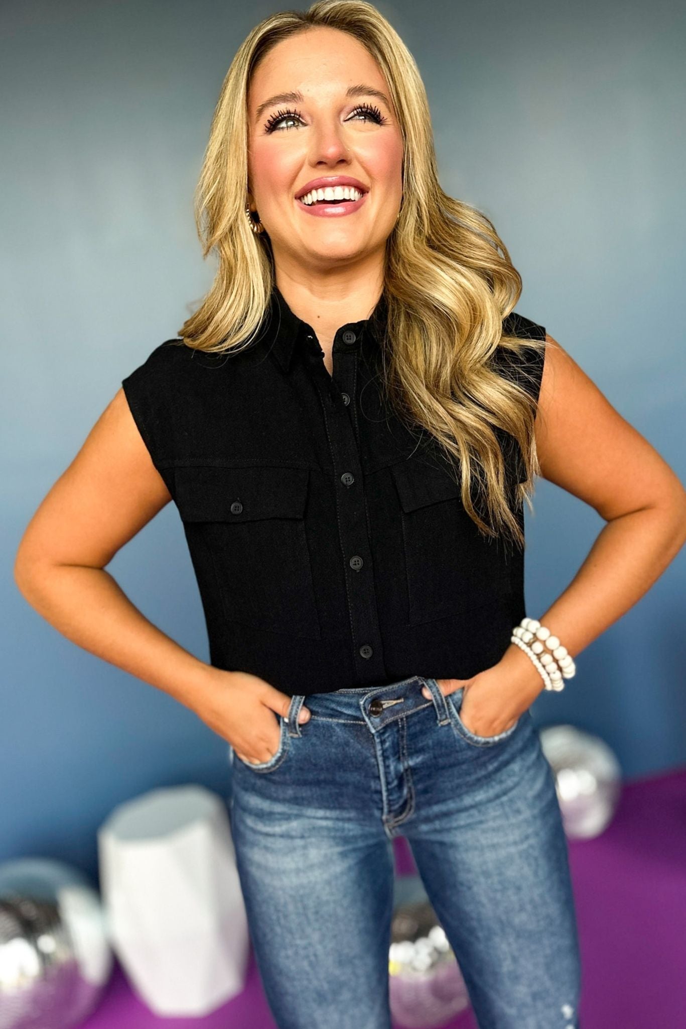 Load image into Gallery viewer,  Black Sleeveless Front Pocket Detail Button Down Top, must have top, must have sleeveless top, elevated style, elevated top, button down top, mom style, fall style, shop style your senses by mallory fitzsimmons
