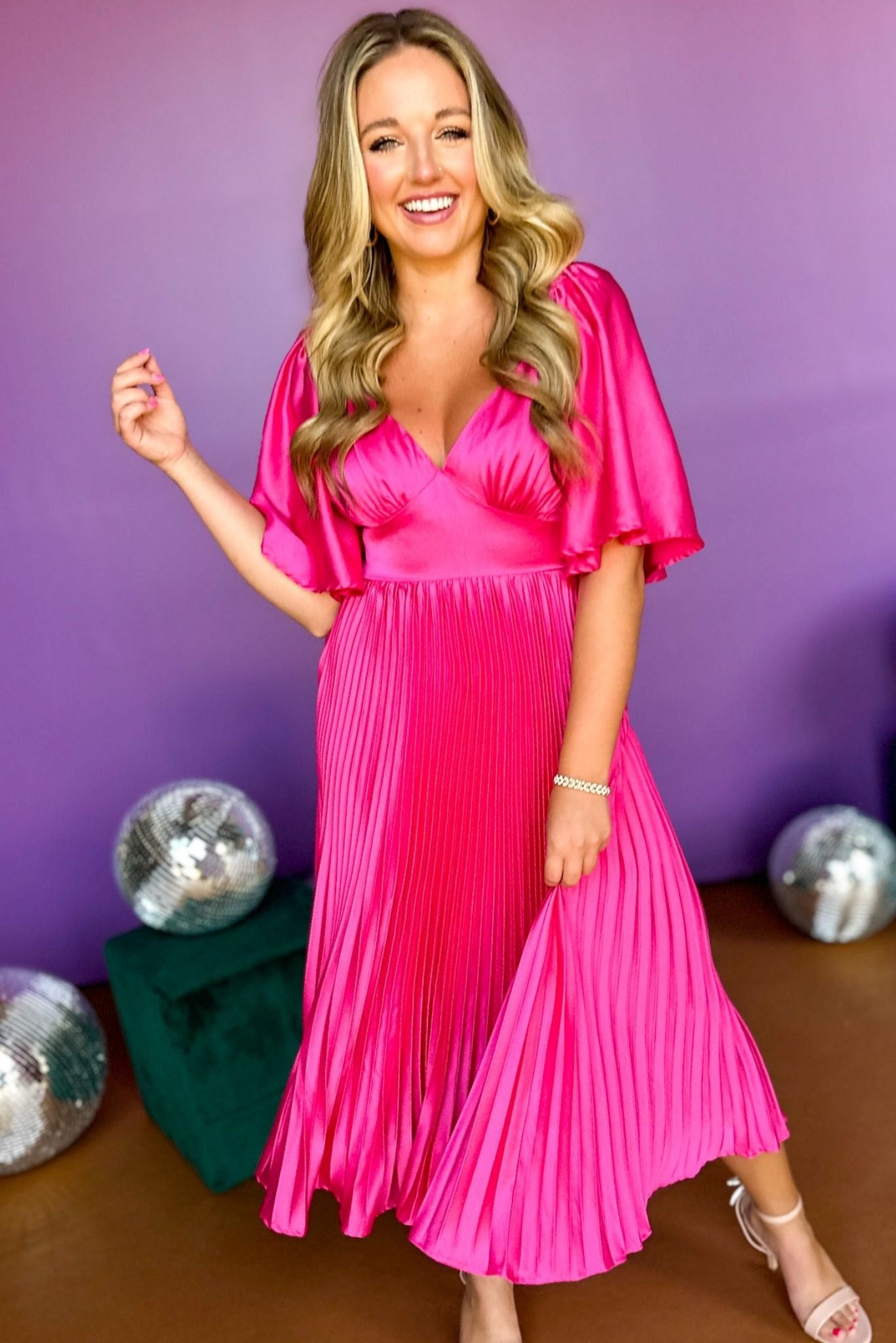 Load image into Gallery viewer, Fuchsia Satin V Neck Elbow Sleeve Pleated Midi Dress, must have dress, pleated dress, must have wedding, wedding guest dress, elevated style, chic style, wedding style, mom style, shop style your senses by mallory fitzsimmons
