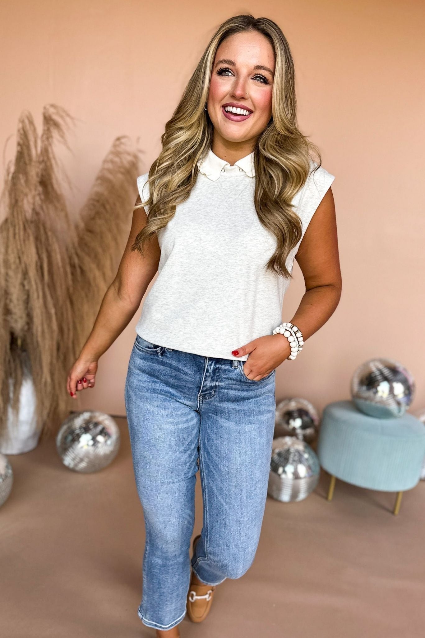 Light Grey Ruffle Collared Terry Sleeveless Top, mom style, fall style, must have top, fall top, mom chic, elevated style, transitional top, shop style your senses by mallory fitzsimmons