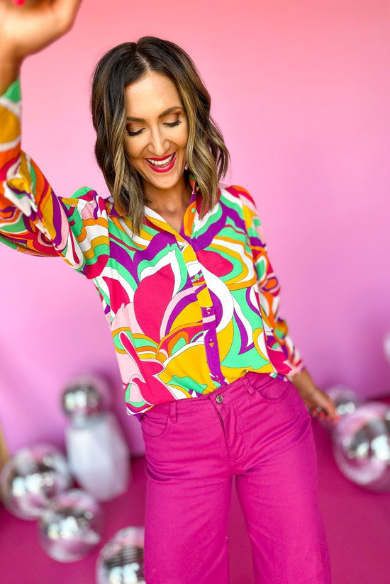 Load image into Gallery viewer, Fuchsia Abstract Printed Collared Button Down Top, button down top, elevated style, mom style, shop style your senses by mallory fitzsimmons

