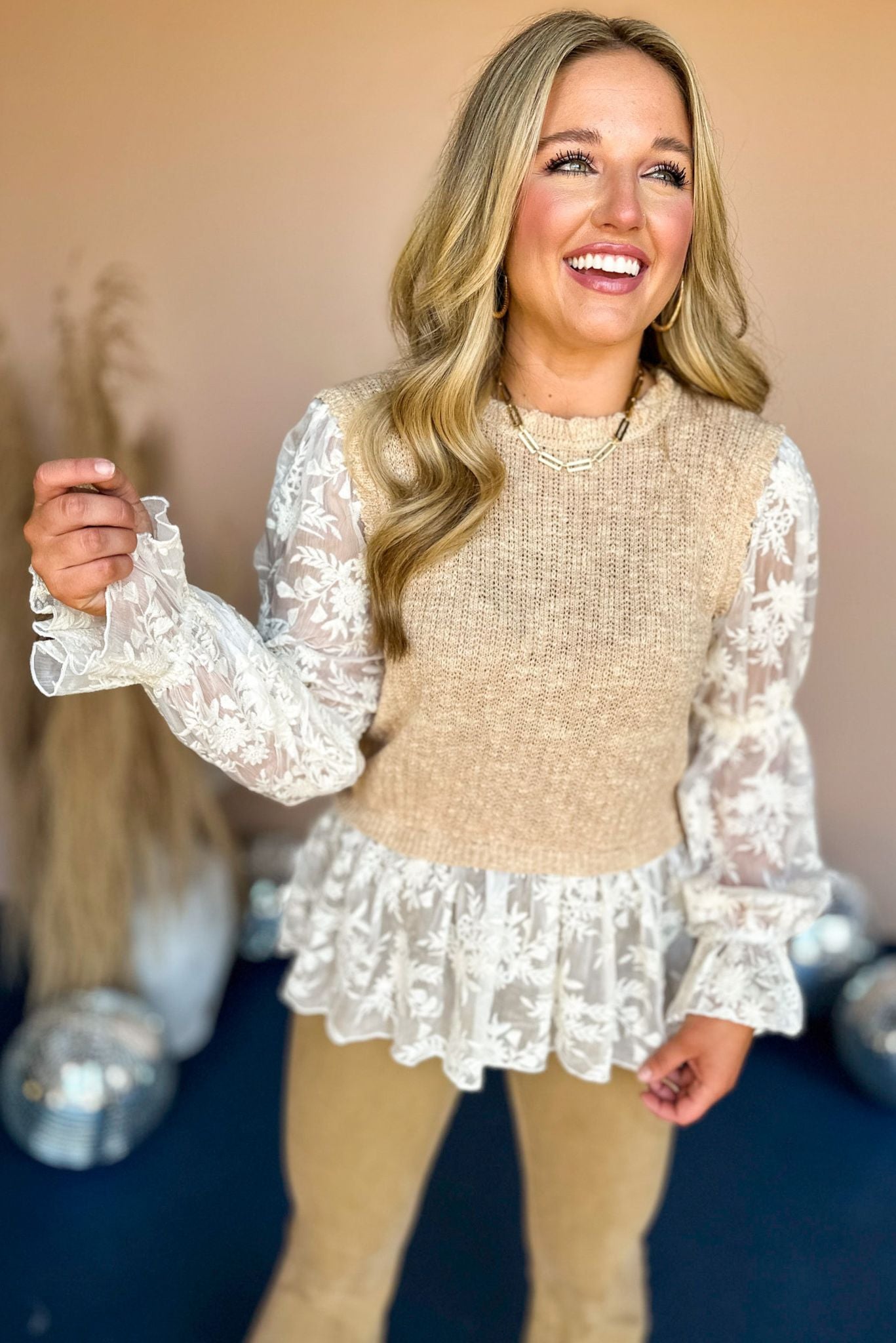 Oatmeal Contrast Lace Long Sleeve Layered Sweater, must have top, must have style, must have fall, fall collection, fall fashion, elevated style, elevated top, mom style, fall style, shop style your senses by mallory fitzsimmons