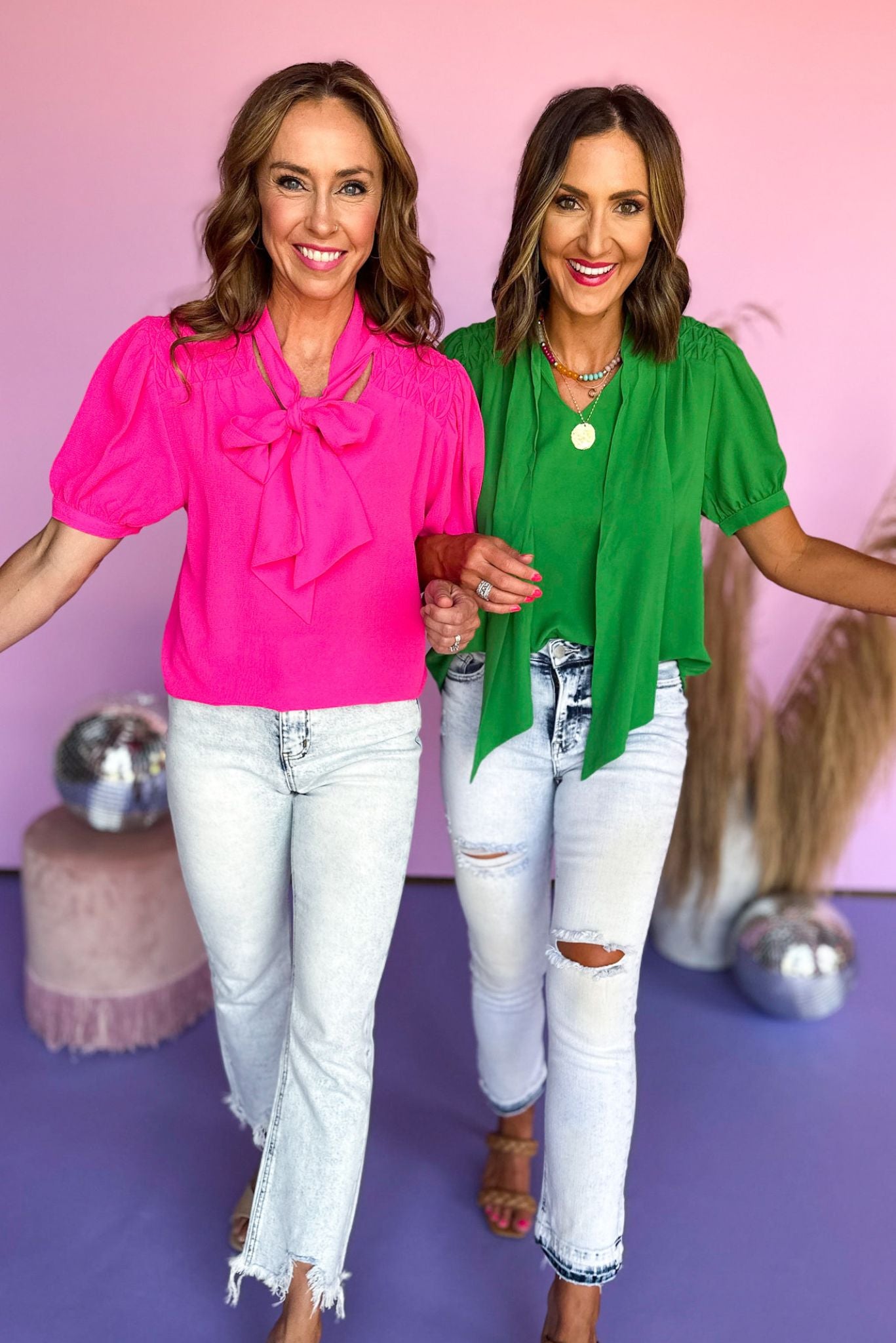 Load image into Gallery viewer, hot pink ribbon tie neck short sleeve top, summer staple, work to weekend, elevated basic, easy to wear top, mom style, pair with shorts, dress up or down, shop style your senses by mallory fitzsimmons
