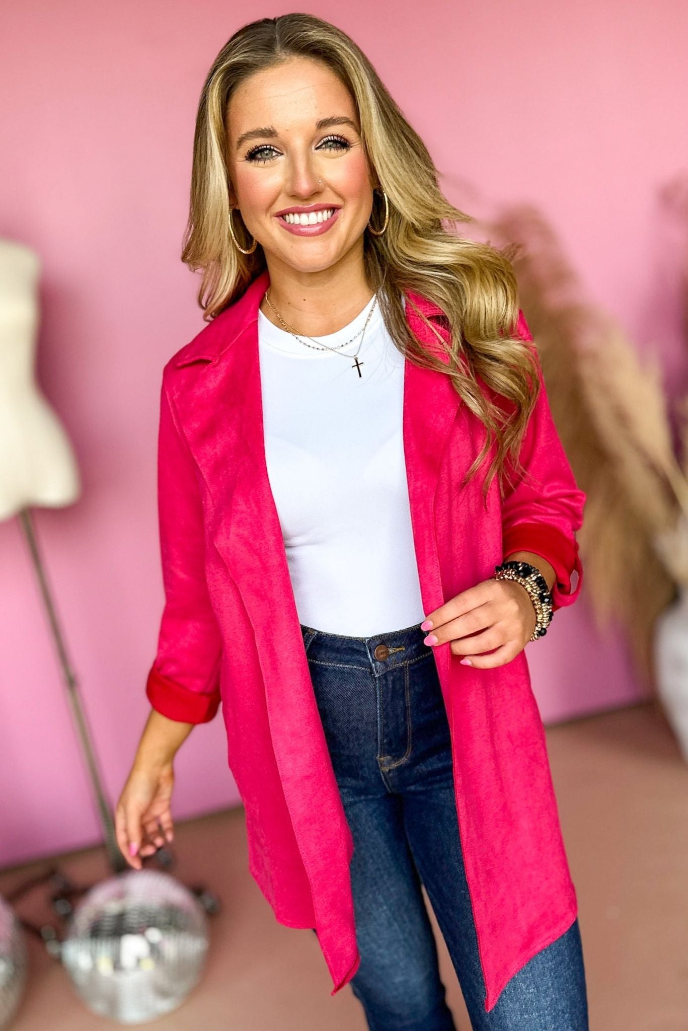 Fuchsia Faux Suede Lapel Detail Jacket, elevated style, elevated look, must have jacket, must have style, must have fall, fall style, fall jacket, mom style, office style, shop style your senses by mallory fitzsimmons
