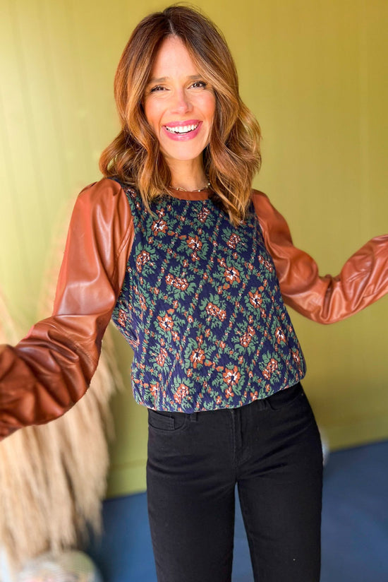 Camel Floral Printed Faux Leather Long Sleeve Top, must have top, must have style, must have fall, fall collection, fall fashion, elevated style, elevated top, mom style, fall style, shop style your senses by mallory fitzsimmons