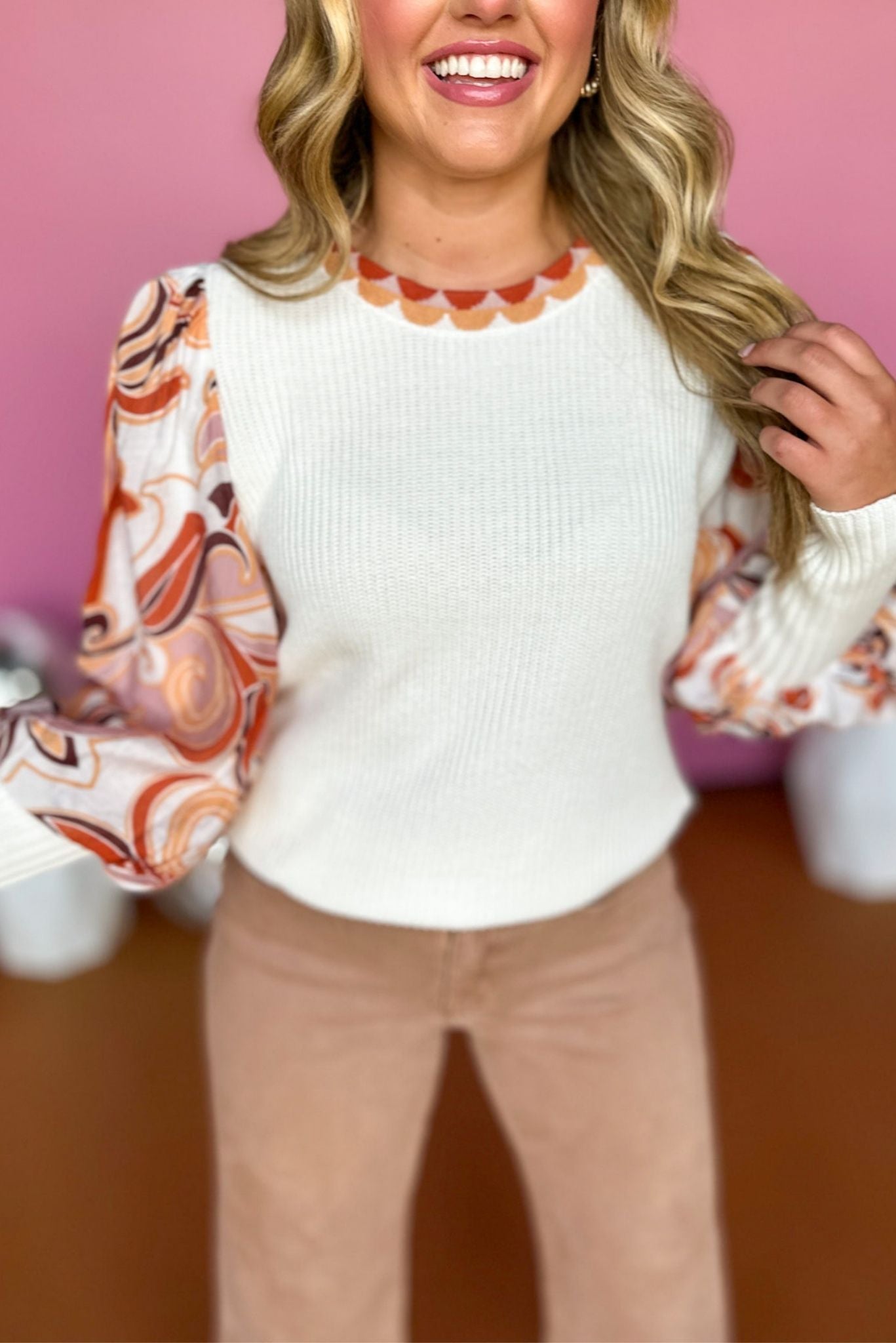Load image into Gallery viewer, Cream Abstract Printed Juliette Sleeve Sweater, must have top, must have style, must have fall, fall collection, fall fashion, elevated style, elevated top, mom style, fall style, shop style your senses by mallory fitzsimmons
