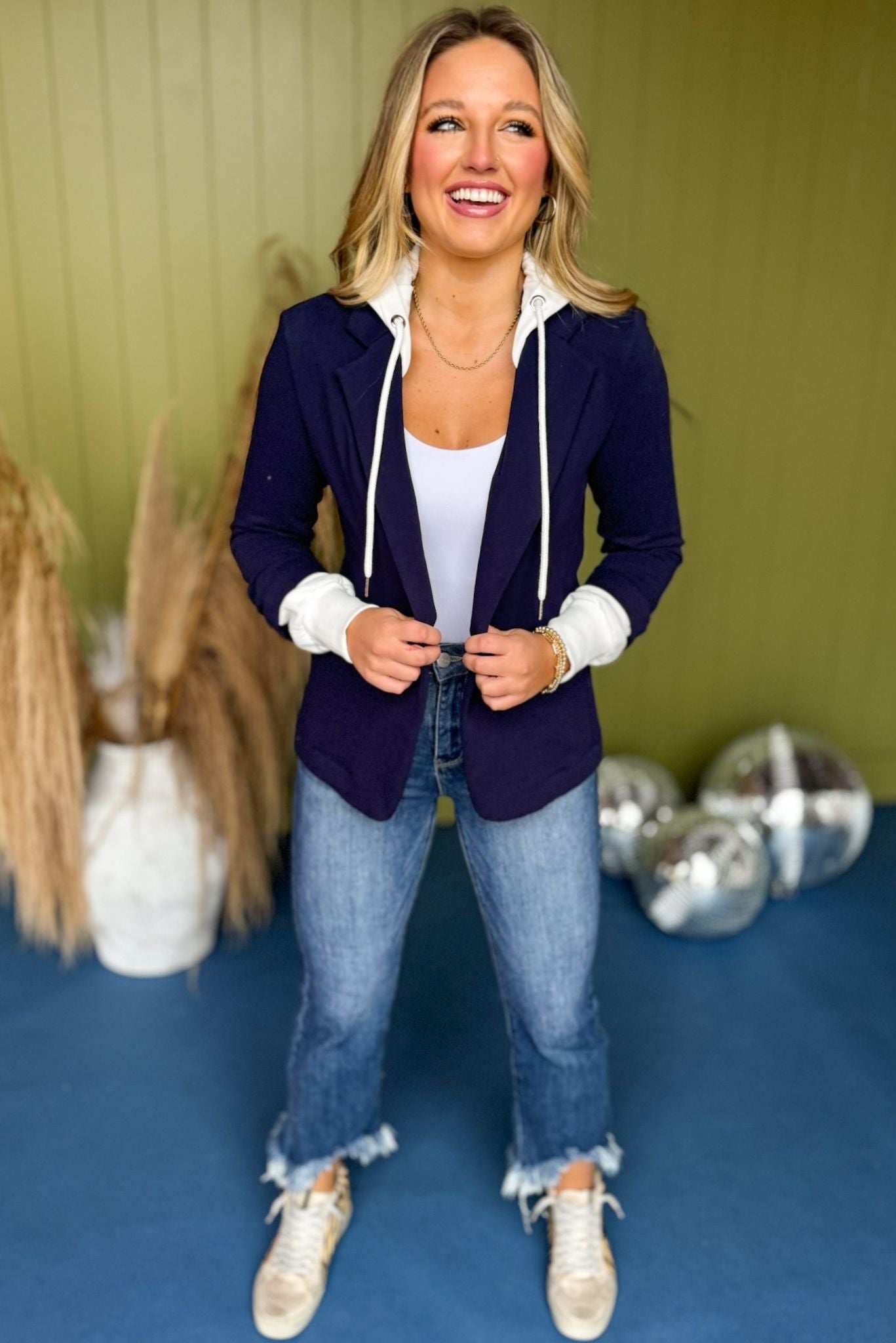 Risen Navy Terry Hooded Blazer, must have top, must have style, fall style, fall fashion, elevated style, elevated top, mom style, fall collection, fall dress, shop style your senses by mallory fitzsimmons