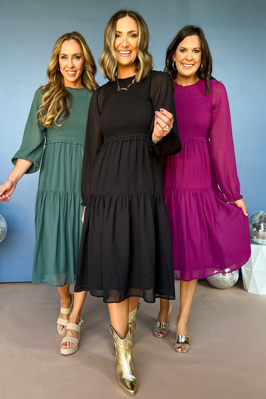 Load image into Gallery viewer, Black Smocked Bodice Tiered Long Sleeve Midi Dress, must have dress, must have fall, fall style, fall dress, elevated style, chic style, mom style, shop style your senses by mallory fitzsimmons
