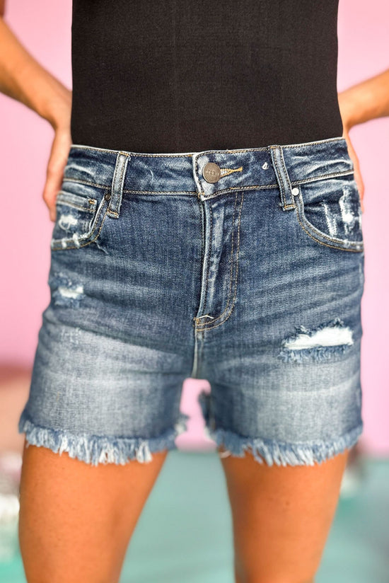 Load image into Gallery viewer, Risen Dark Wash High Rise Distressed Frayed Hem Shorts *FINAL SALE*
