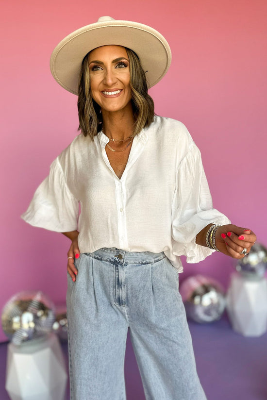  White Button Front Puffed Sleeve Top, puff sleeve top, white top, elevated style, mom style, work to weekend top, must have, staple piece, shop style your senses by mallory fitzsimmons