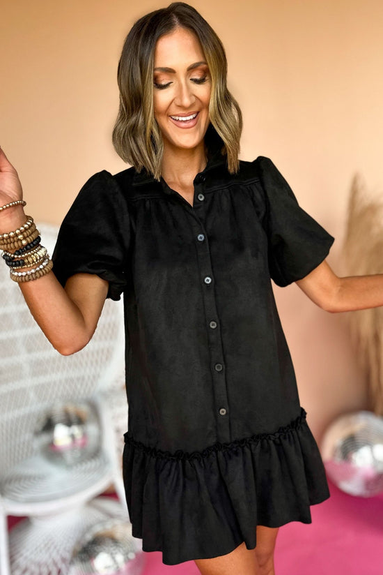Load image into Gallery viewer, Black Faux Suede Button Down Puff Sleeve Dress, elevated dress, elevated style, must have dress, must have style, fall dress, fall fashion, family photos dress, mom style, shop style your senses by mallory fitzsimmons
