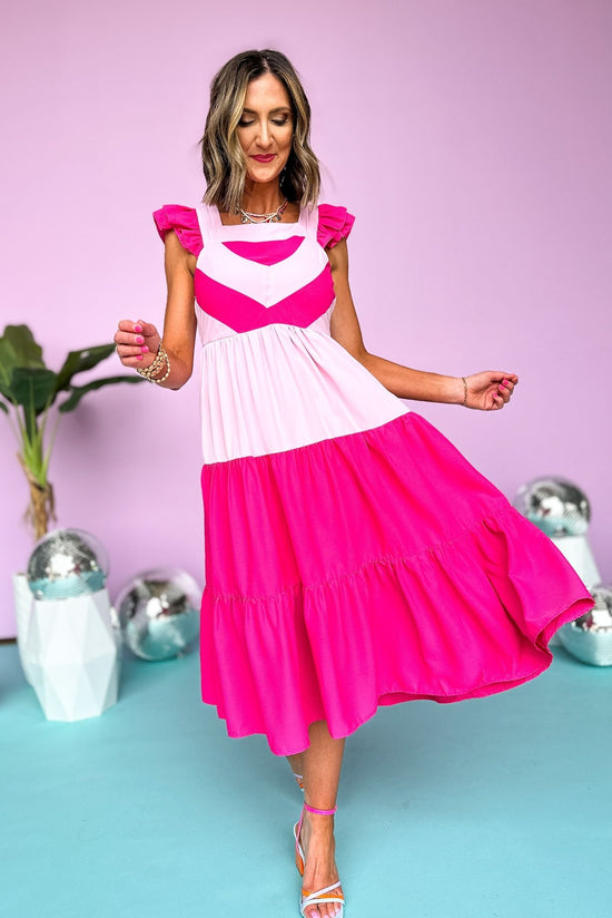 Pink Colorblock Square Neck Ruffle Sleeve Tiered Midi Dress, Midi Dress, Tiered Dress, Neon Nights, Summer Dress, Summer Style, Mom Style, Shop Style Your Senses by Mallory Fitzsimmons