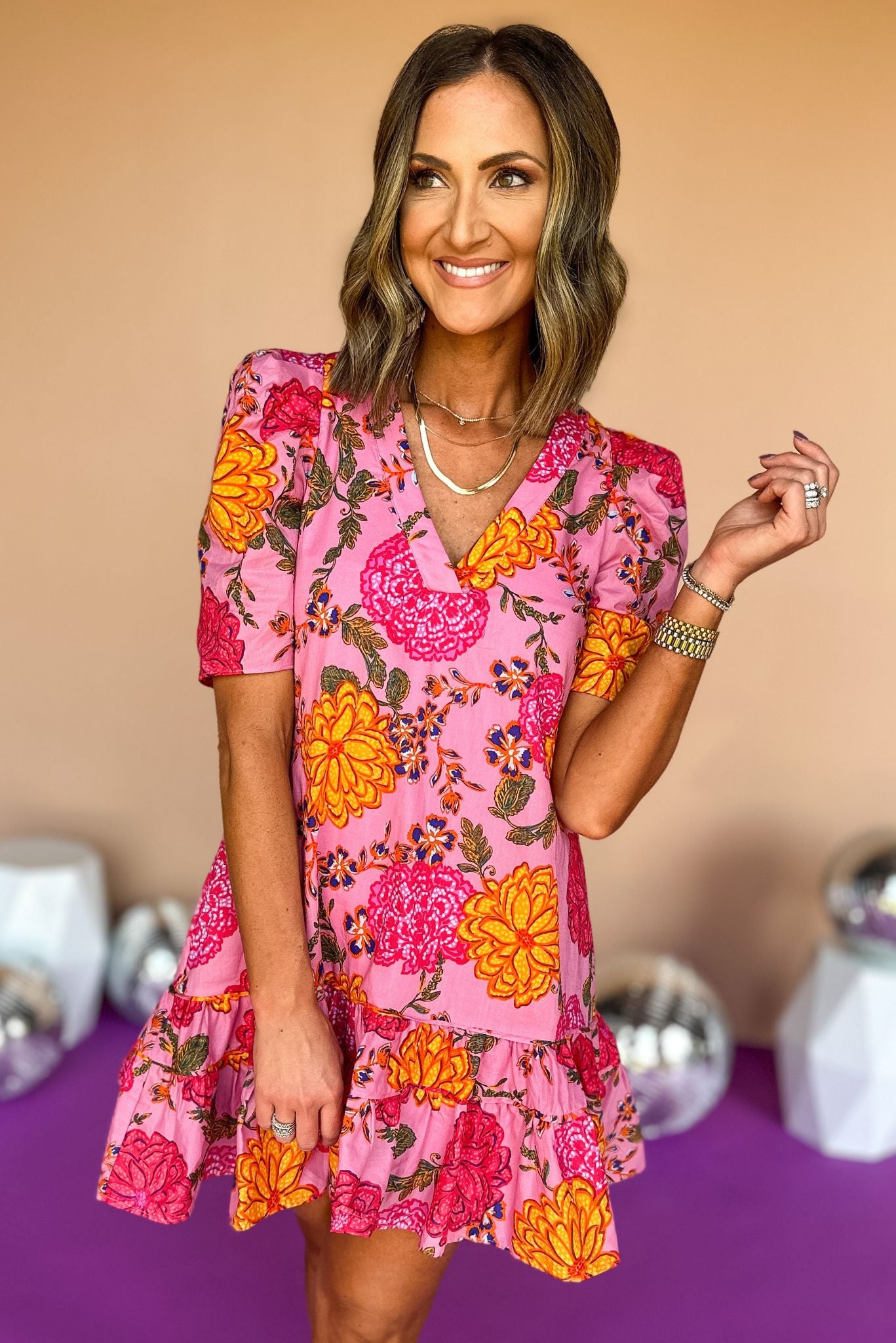 Karlie Pink Floral Printed V Neck Ruffle Bottom Dress, elevated dress, karlie dress, must have dress, must have print, mom style, elevated style, weekened style, brunch dress, church dress, shop style your senses by mallory fitzsimmons