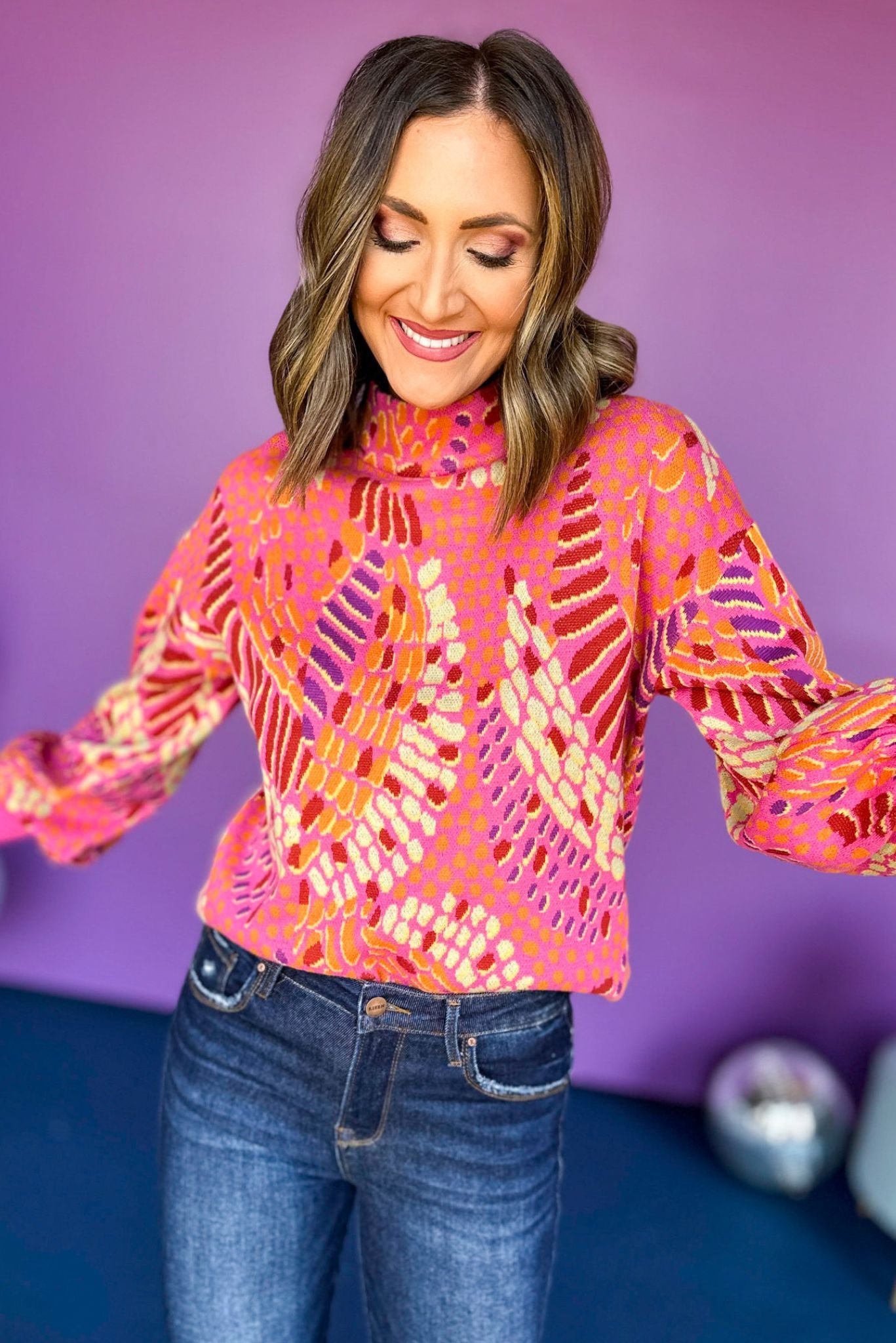 Load image into Gallery viewer, Hot Pink Abstract Printed Mock Neck Sweater, must have sweater, must have print, elevated style, elevated look, fall sweater, fall look, fall style, mom style, shop style your senses by mallory fitzsimmons
