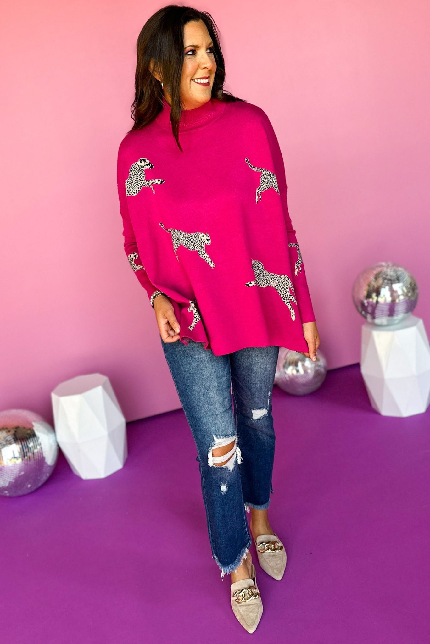 Load image into Gallery viewer, Hot Pink Mock Neck Side Slit Animal Sweater, elevated sweater, elevated stye, must have sweater, must have style, printed sweater, fall sweater, fall fashion, mom style, shop style your senses by mallory fitzsimmons
