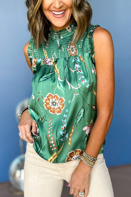 Load image into Gallery viewer, THML Green Floral Printed Smocked Ruffle Sleeveless Top, summer top, floral top, THML, mom style, chic style, chic top, must have top, must have fall, shop style your senses by mallory fitzsimmons

