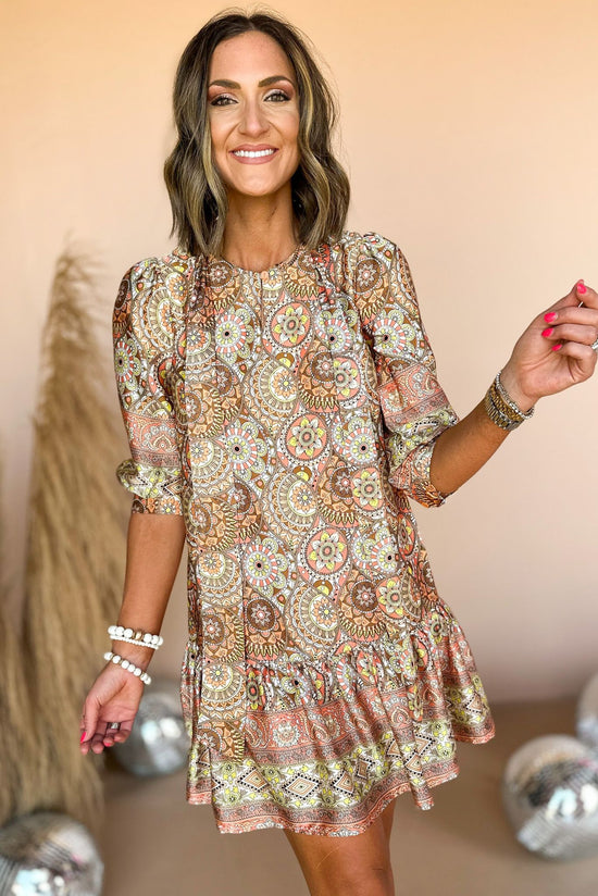 Load image into Gallery viewer, Brown Aztec Printed Collared Tie Neck Tiered Dress, printed dress, fall dress, transition piece, must have, fall piece, fall style, mom style, elevated style, shop style your senses by mallory fitzsimmons
