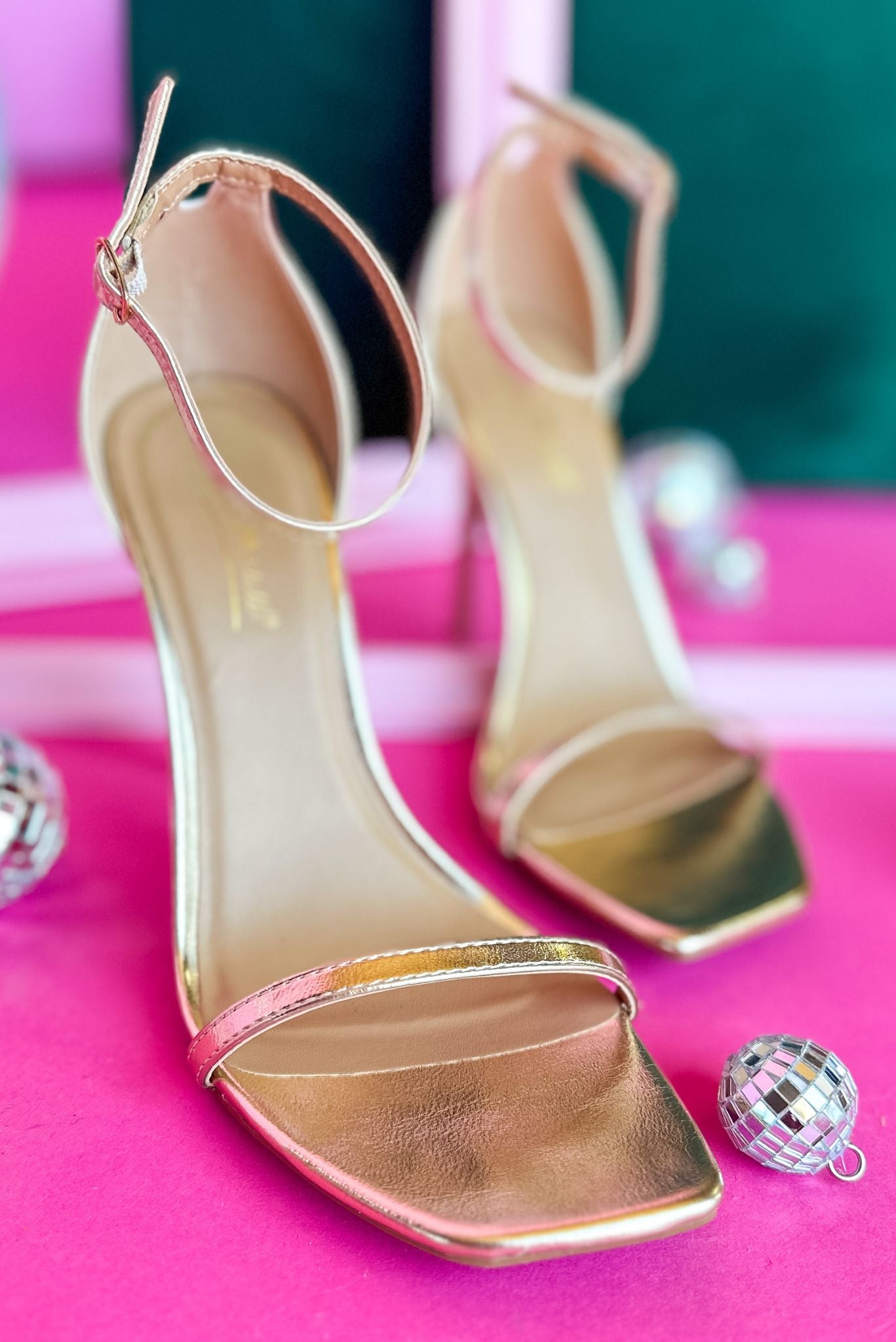 Load image into Gallery viewer, Gold Metallic One Band Ankle Strap Heels, strap detail, ankle strap, event heel, glam, trendy, shop style your senses by mallory fitzsimmons
