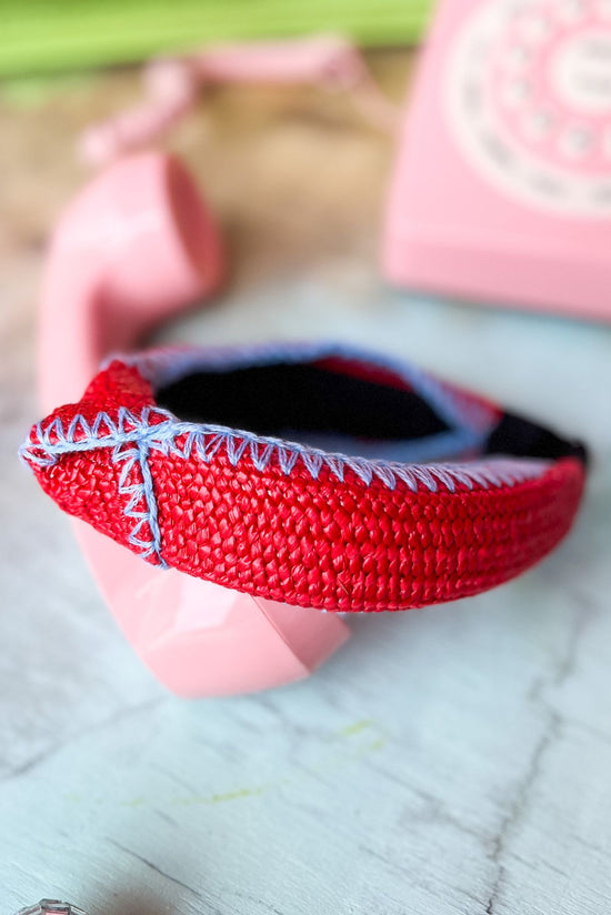 Load image into Gallery viewer, Red Straw Knot Burnout Headband, summer headband, summer accessory, new arrival, trendy, knot detail, shop style your senses by mallory fitzsimmons

