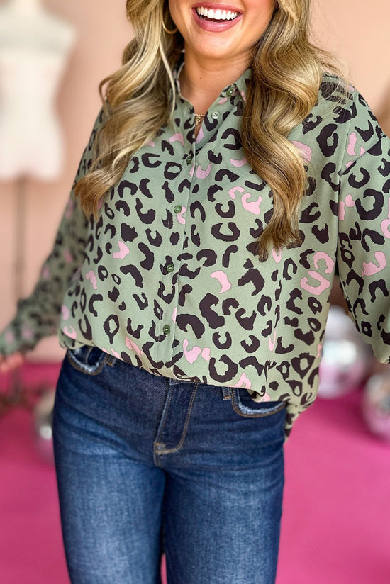 sage animal printed button down top, fall staple, easy to wear, work to weekend, layering piece, shop style your senses by mallory fitzsimmons