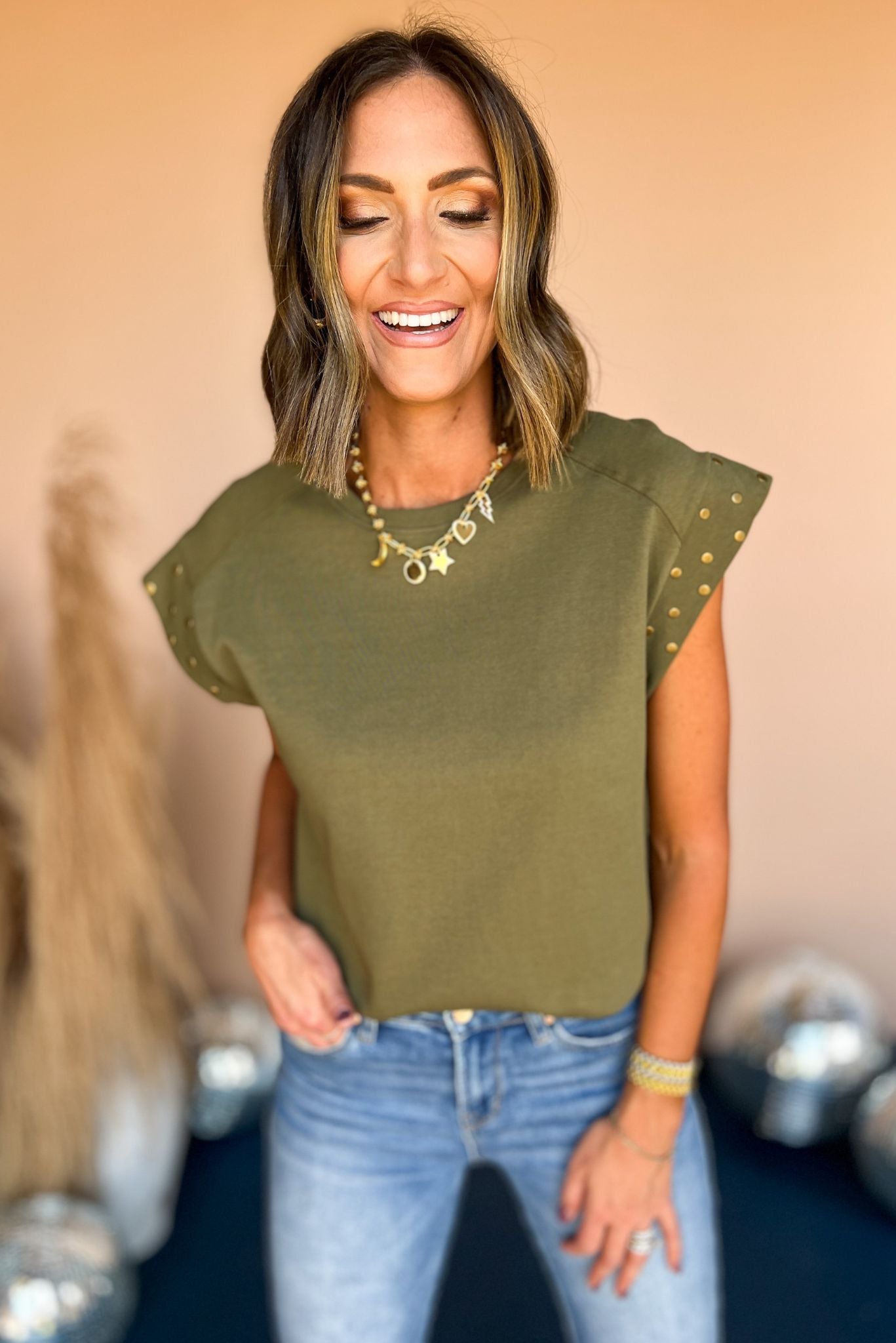 Load image into Gallery viewer, olive studded short sleeve top, fall new arrivals, layering piece, easy to wear, elevated basic, work to weekend, shop style your senses by mallory fitzsimmons
