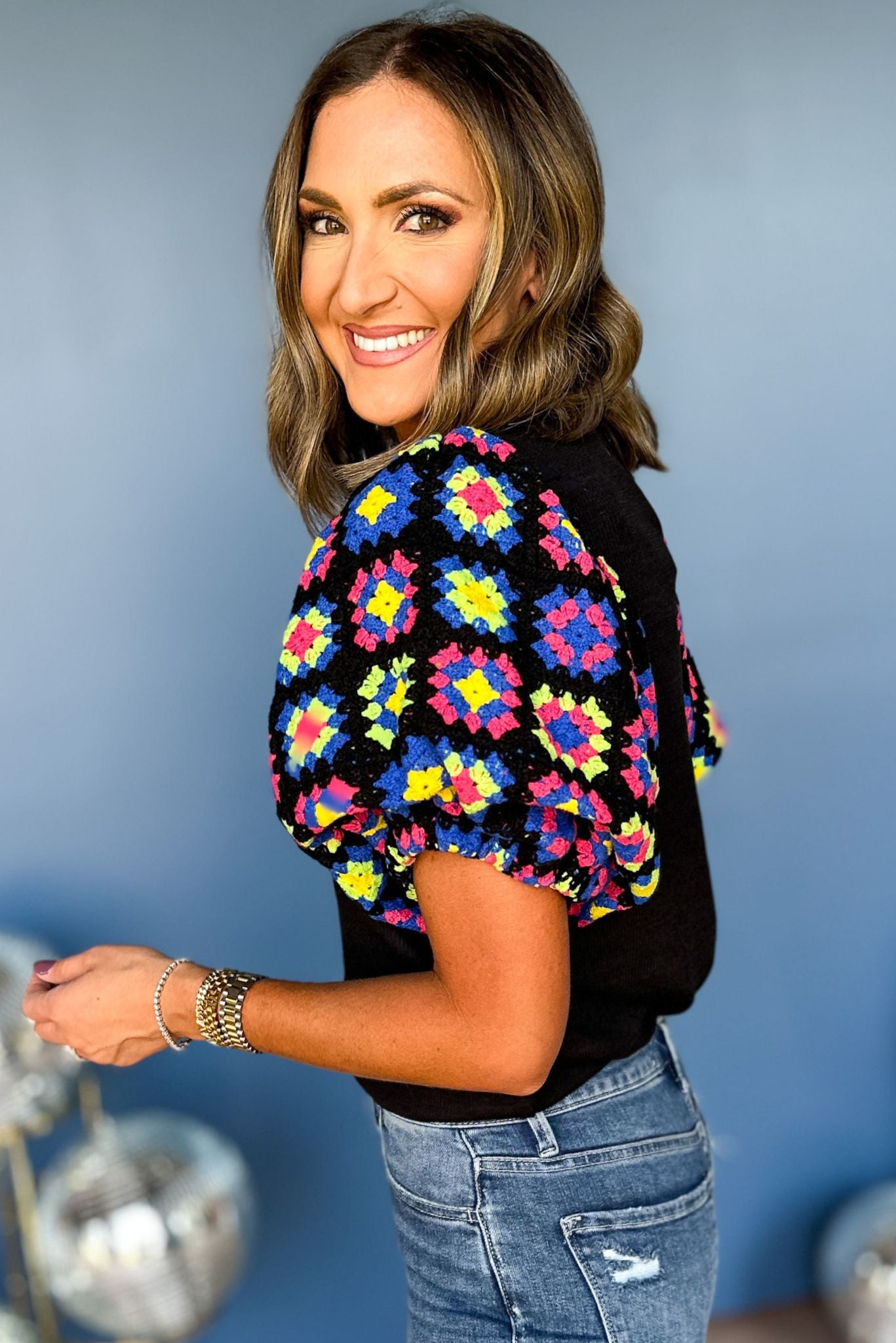 Load image into Gallery viewer, THML Black Crochet Puff Short Sleeve Top, THML top, elevated style, statement sleeve, crochet sleeve, mom style, elevated top, fall top, bright top, work to weekend top, must have top, must have THML, must have style, shop style your senses by mallory fitzsimmons
