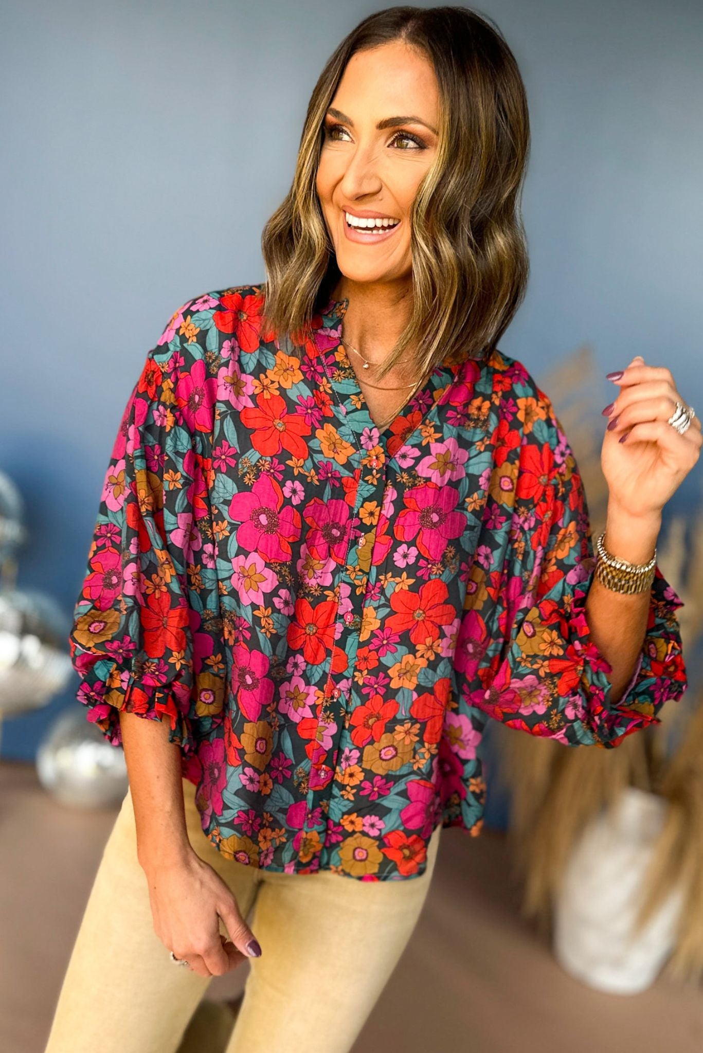 Load image into Gallery viewer, Integrated with Shopify Fuchsia Floral Printed Bubble Sleeve Top, elevated top, elevated style, must have top, must have print, fall style, fall top, floral top, must have style, mom style, shop style your senses by mallory fitzsimmons
