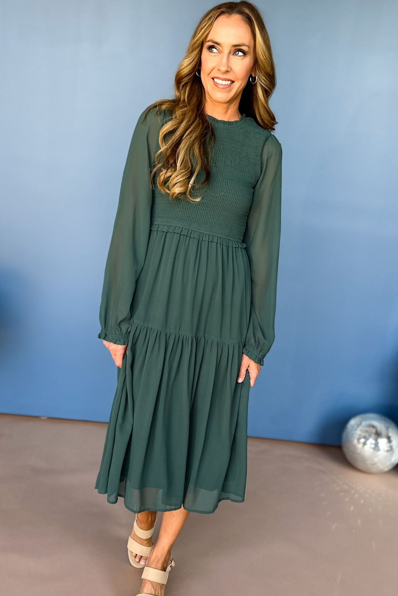 Load image into Gallery viewer, Teal Smocked Bodice Tiered Long Sleeve Midi Dress, must have dress, must have style, must have fall, fall style, fall dress, elevated style, chic style, mom style, shop style your senses by mallory fitzsimmons

