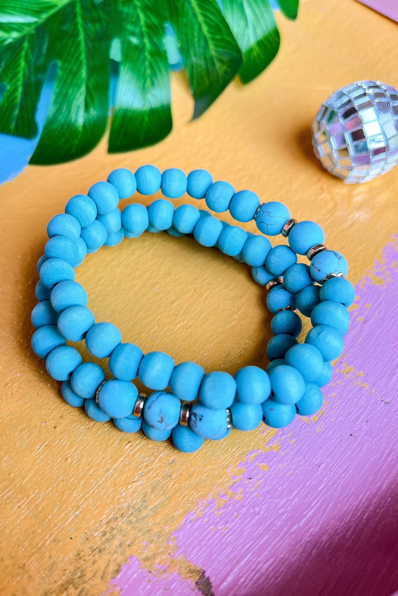 Load image into Gallery viewer, Turquoise Natural Stone Accented Wood Ball Stretch Bracelets, accessories, bracelets, shop style your senses by mallory fitzsimmons
