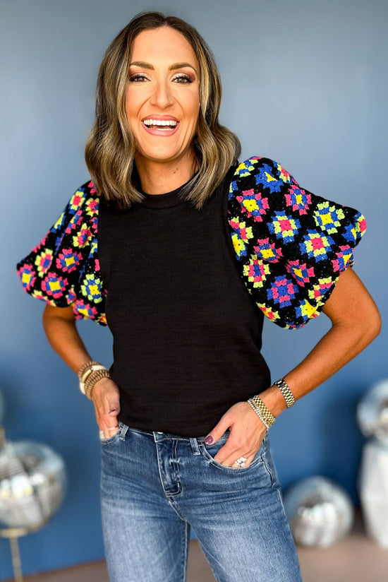 Load image into Gallery viewer, THML Black Crochet Puff Short Sleeve Top, THML top, elevated style, statement sleeve, crochet sleeve, mom style, elevated top, fall top, bright top, work to weekend top, must have top, must have THML, must have style, shop style your senses by mallory fitzsimmons
