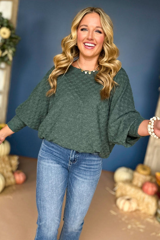 Load image into Gallery viewer, Hunter Green Textured Dolman Sleeve Top, must have top, must have style, must have fall, fall collection, fall fashion, elevated style, elevated top, mom style, fall style, shop style your senses by mallory fitzsimmons
