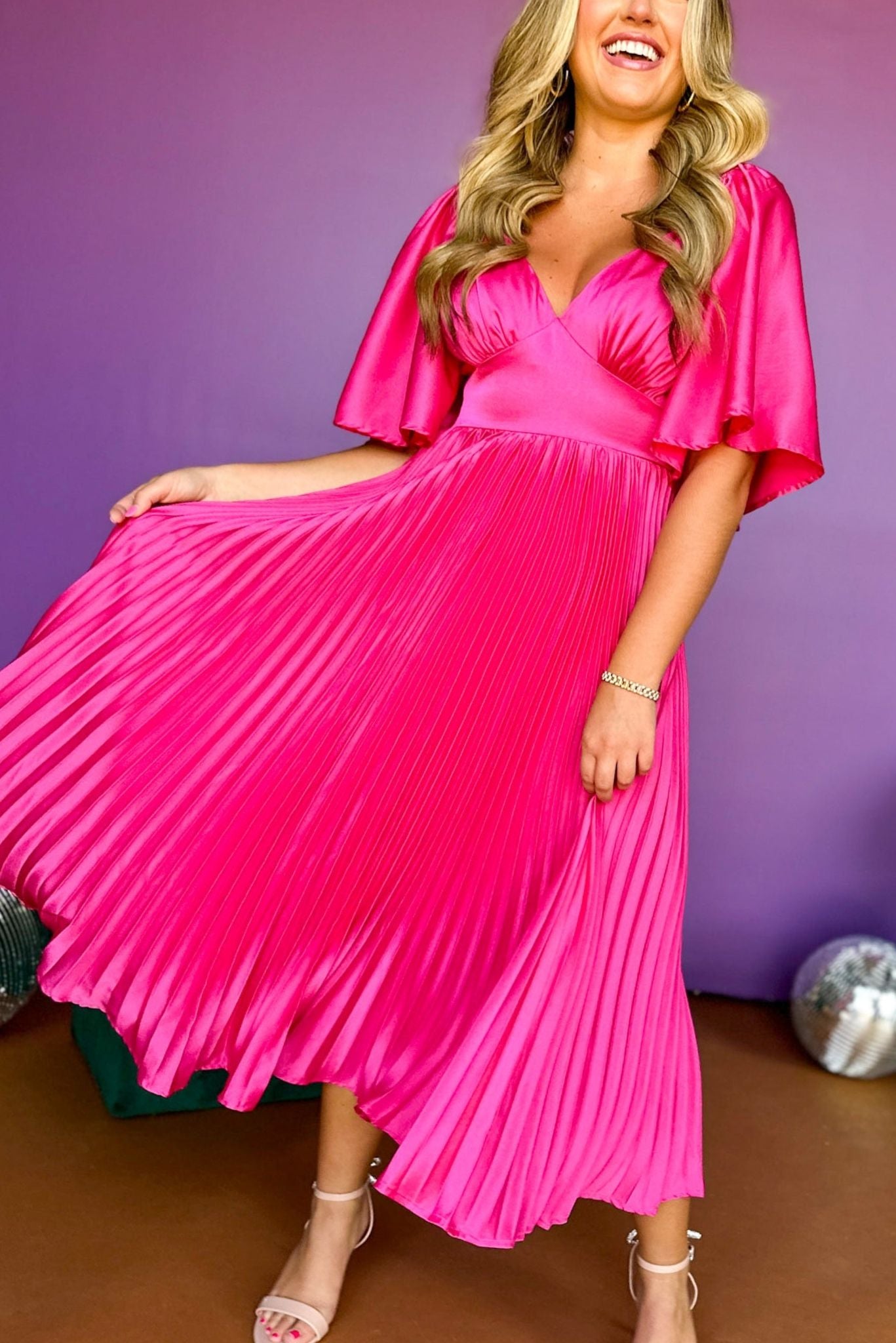 Fuchsia Satin V Neck Elbow Sleeve Pleated Midi Dress, must have dress, pleated dress, must have wedding, wedding guest dress, elevated style, chic style, wedding style, mom style, shop style your senses by mallory fitzsimmons