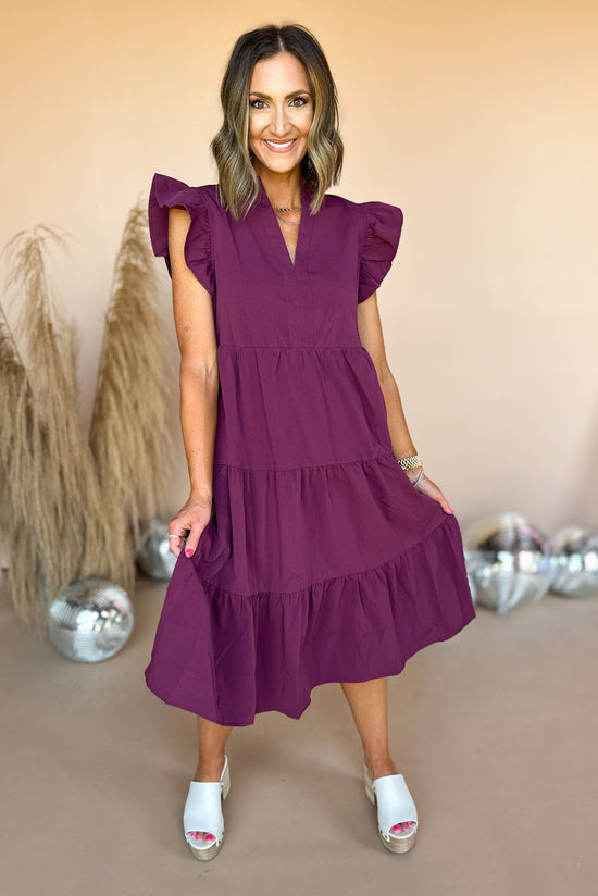 Eggplant V Neck Flutter Sleeve Tiered Midi Dress, fall dress, summer to fall, fall style, transitional dress, midi dress, mom style, elevated style, shop style your senses by mallory fitzsimmons
